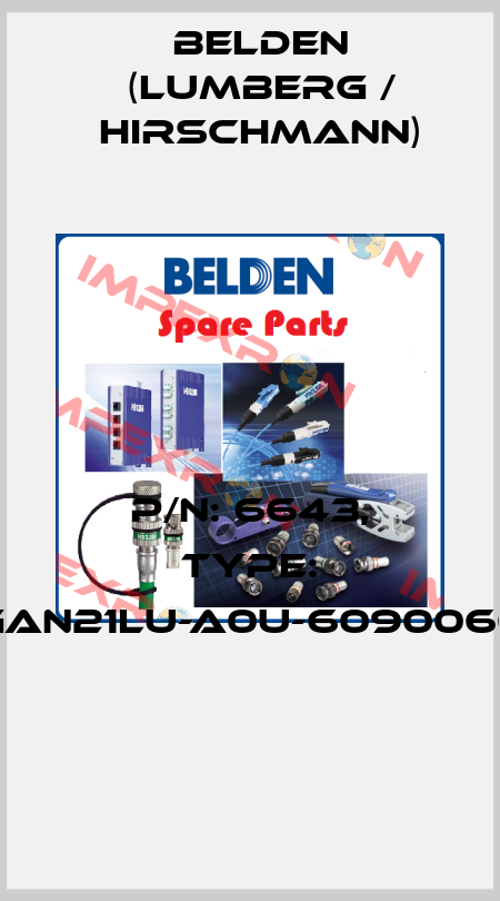 P/N: 6643, Type: GAN21LU-A0U-6090060  Belden (Lumberg / Hirschmann)