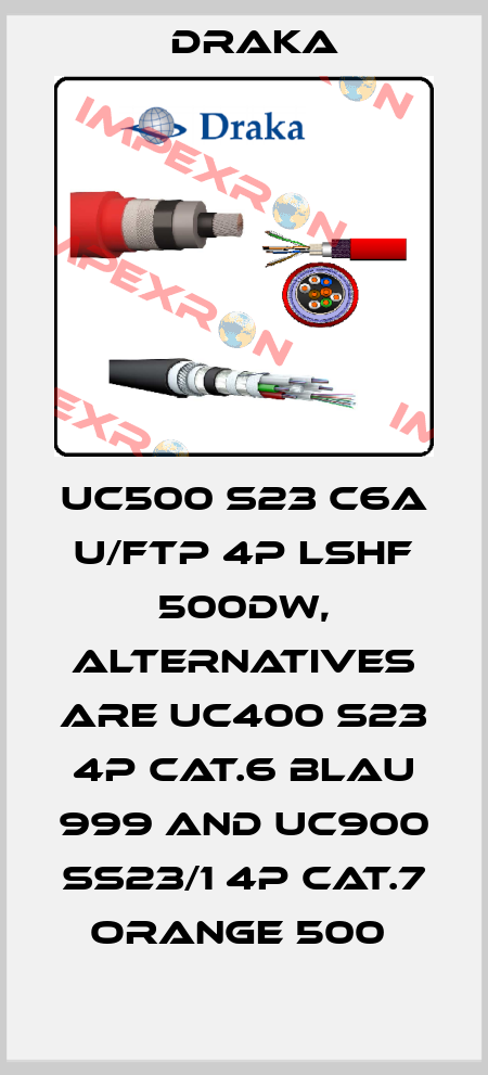 UC500 S23 C6A U/FTP 4P LSHF 500DW, alternatives are UC400 S23 4P Cat.6 blau 999 and UC900 SS23/1 4P Cat.7 orange 500  Draka