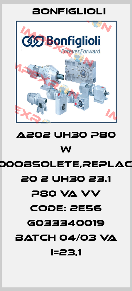 A202 UH30 P80 W 7024/1000obsolete,replacementA 20 2 UH30 23.1 P80 VA VV Code: 2E56 G033340019 Batch 04/03 VA i=23,1 Bonfiglioli