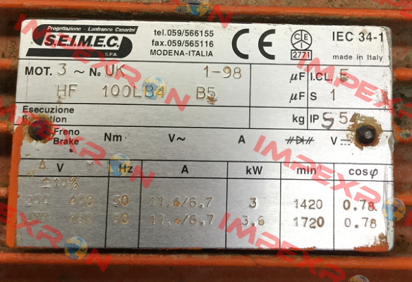 HF100LB4 B5 Obsolete! Replaced by HB3 112MA 4 230.400-50 B5  Seimec (Rossi)