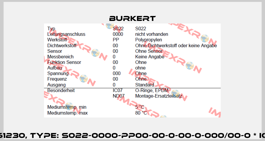 P/N: 00561230, Type: S022-0000-PP00-00-0-00-0-000/00-0 * IC07+ND07 Burkert